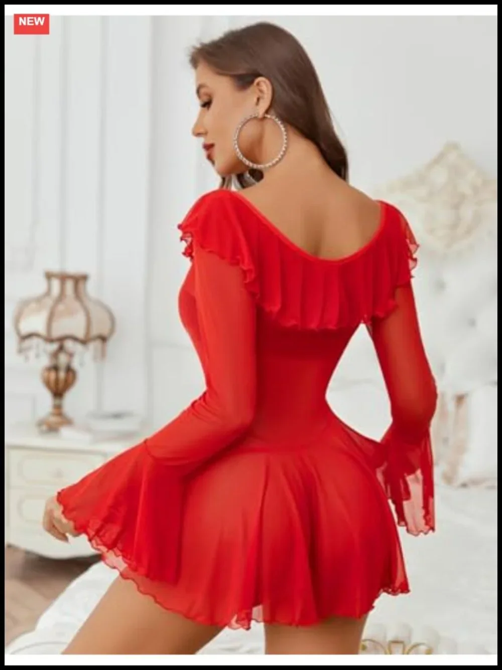 Sheer Long Sleeve Babydoll Lingerie Ruffle Dress